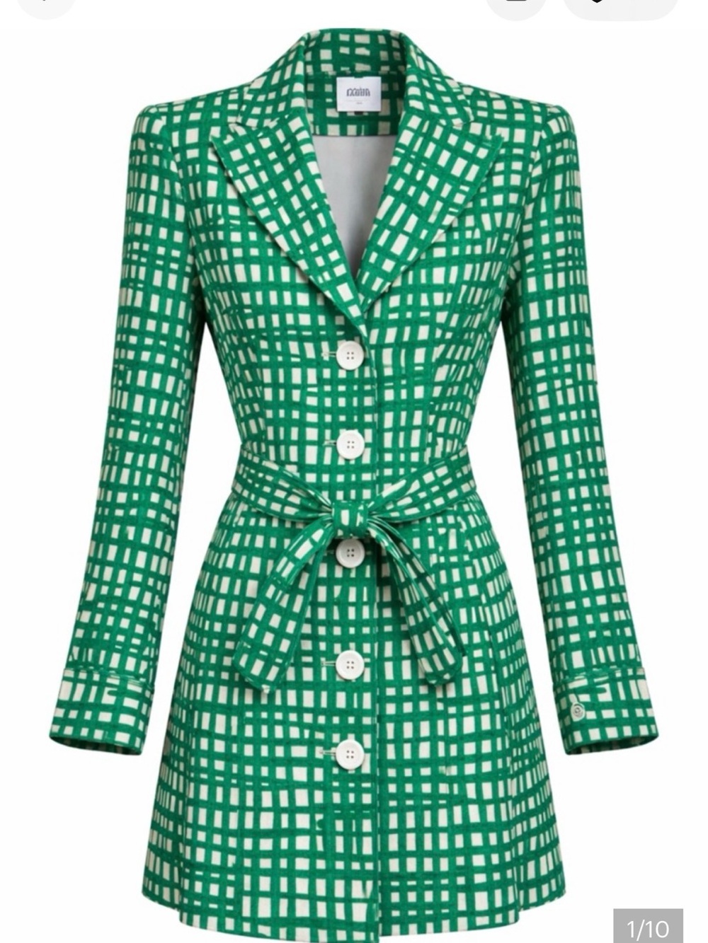 CAbi Green and White Grid Tie-Waist Long Sleeve Dress